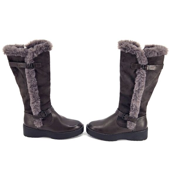New Wanted Platform Knee High Boots Brown Faux Leather & Fur Buckle Detail 7.5 - Picture 2 of 11